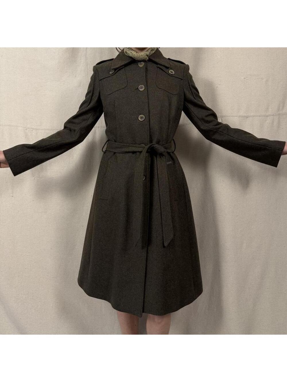 John Galliano dark green wool trench coat overcoat designer minimalist high end